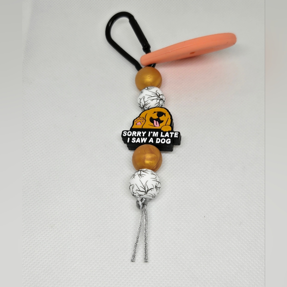 NWT Handcrafted Beaded Sorry I'm Late I Saw A Dog Golden Peach Poop Bag Holder